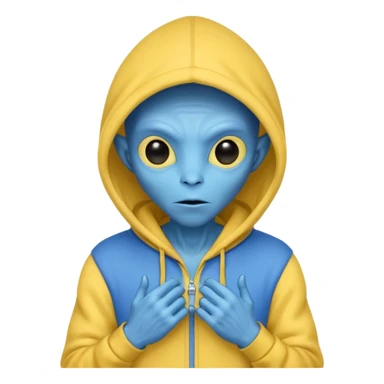 generate a blue alien wearing a yellow hoodie sticker
