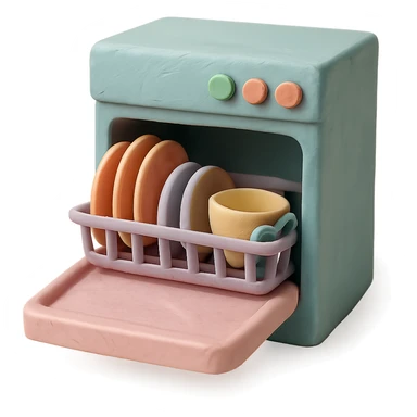 claymation style dishwasher with open door and clean dishes inside, pastel colors, visible fingerprints, soft matte finish sticker