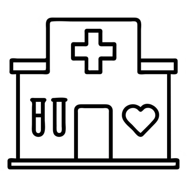 Modern clinic building facade with a red cross medical symbol, test tubes and a small heart icon, clean minimalist medical facility exterior sticker