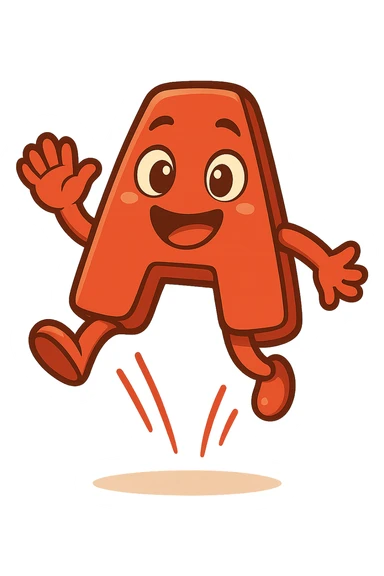 Add a jumping animation to the letter A, preserving the cartoonish style with bright colors and a transparent background. sticker