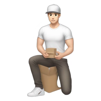 Pale skinned fit Man with dark brown hair in a light gray cap, dark brown jeans, brown polo and white T-shirt keeping a pasted with tape white box into his hands sticker