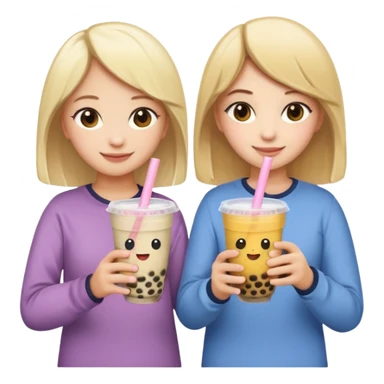 two friends, one blonde and one brunette, standing with their backs, hugging each other with one hand and holding bubble tea with the other, emoji style, with a heart above their heads sticker