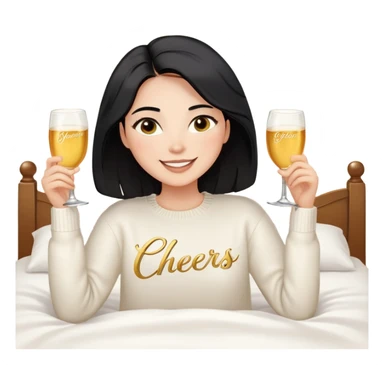 A woman with shoulder-length black hair, light to medium skin tone, full cheeks, and almond-shaped eyes, wearing a white sweater with the word 'cheers' in gold script, lying comfortably on a bed with soft lighting, joyful and radiant expression. sticker