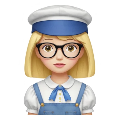 A yellow-skinned girl with medium-long straight hair, flat bangs, black frame glasses, a white puffy sleeve doll shirt, blue jeans and pink shoes, and a black painter's hat. sticker