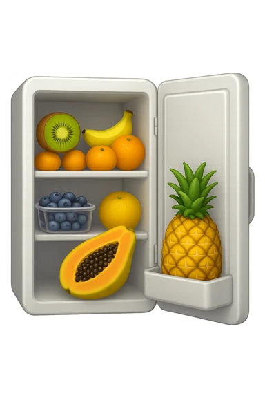 emoji stile iphone di un frigo aperto con dentro ben visibili questi alimenti: Kiwi
Banana acerba
Arance e mandarini
Mirtilli
Ananas
Papaya
IPERREALISTICO 4K sticker