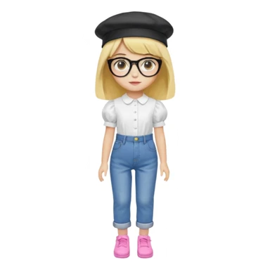 A yellow-skinned girl with medium-long straight hair, flat bangs, black frame glasses, a white puffy sleeve doll shirt, blue jeans and pink shoes, and a black painter's hat. sticker