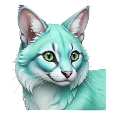Colorful dark realistic tropical iridescent pale light jade-green, mint-blue, whitish pastel white glorious divine exotic cute cool beautiful shiny beautiful fantasy-caracal-civet-genet-sergal-vernid-Cacomistle-Trico-oncilla-animal-Fakémon-hybrid-fursona (full body) sticker