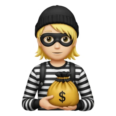 A yellow guy with a black beanie white black striped shirt a black mask for it's eyes and holding a money bag with yellow hair sticker
