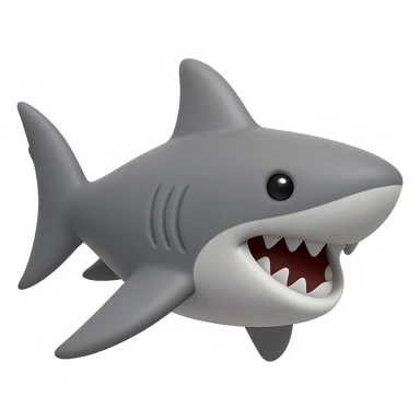 Edit the shark emoji to have a smooth, cartoonish, 3D emoji look in gray color, no legs, no sneakers, no background, just the shark with mouth open, inspired by the provided reference image. sticker