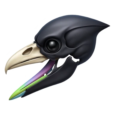 Raven skull with sharp beak, dark gothic emoji, polished bone texture, iOS style sticker