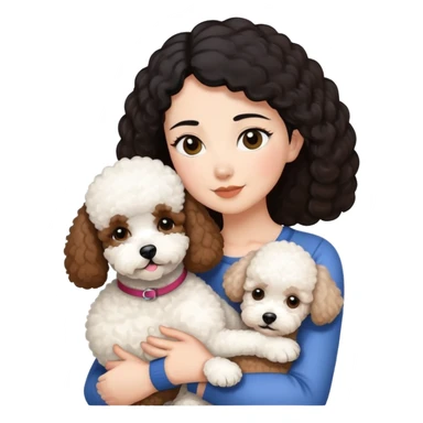 woman with short black hair hugging a brown poodle and a white bichon frise sticker