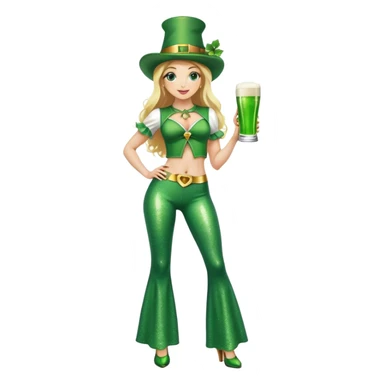 Blonde haired pretty woman in glittery green bell bottoms and tall leprechaun hat holding a green beer sticker
