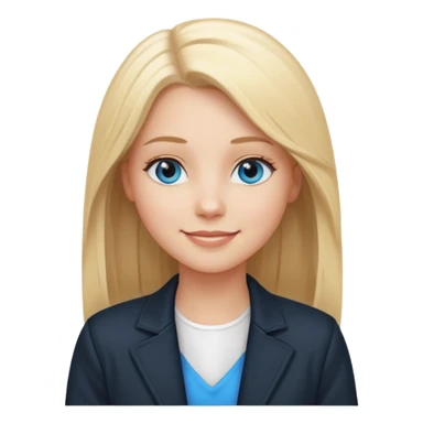 A white girl with long straight blonde hair, blue eyes and a white dress with a smiling black jacket sticker