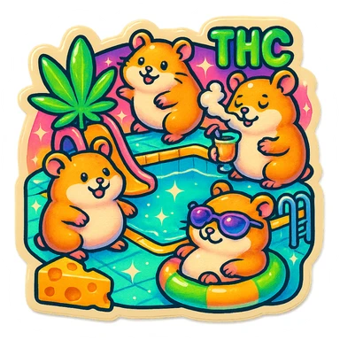 square Discord server icon, retro sticker style, hamsters at a pool party with weed, cheese, THC theme, bright nostalgic colors, sparkles, bold outlines, centered clear playful composition sticker