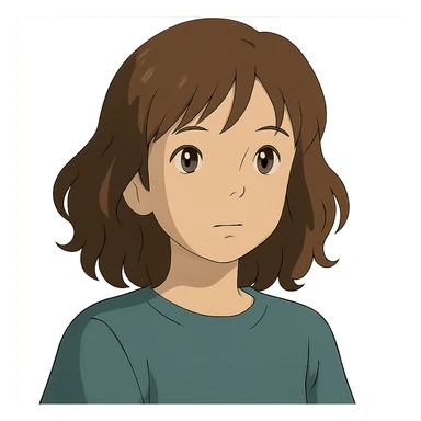 portrait of an Asian girl with medium brown wavy hair and brown eyes, paler skin tone, ghibli style sticker