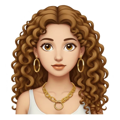 attractive Greek woman with long curly hair and light skin wearing gold hoop earrings and a gold necklace sticker