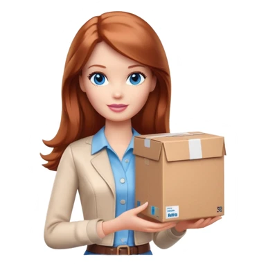 Barbie with blue eyes, shoulder-length reddish-brown hair in white and brown clothes holds a package box sticker