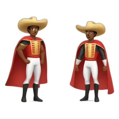 a runner athlete. Put a hat called montera torera on his head. Draw him with the posture of open arms greeting the audience.  and in the other a bullfighter's cape sticker
