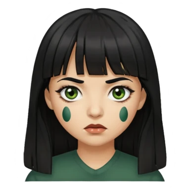 Mulher de franja cabelo preto pele verde bem escuro com a cara machucada com os olhos regalado fundo escuro cabelo longoo sticker