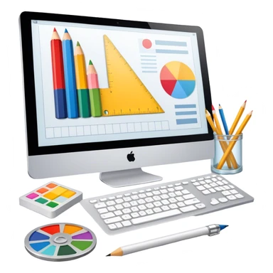 Professional emoji for Graphic Design: a computer screen displaying a design layout, vector shapes, a color palette, and design tools like a pencil and ruler. The icon should represent creativity and precision in graphic design. Transparent background. sticker