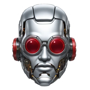 Silver round male cyborg head with red goggles, goatee and circuits sticker