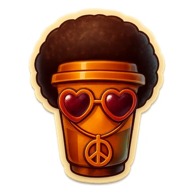 Tall coffee cup, no mouth, afro, heart glasses, peace sign necklace sticker