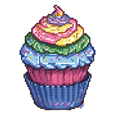 large cupcake with pink frosting, rainbow sprinkles, blue cupcake wrapper, pixel art style sticker