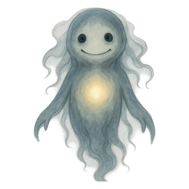 ghibli style AI spirit with glowing core, gentle smile, ethereal and slightly eerie sticker