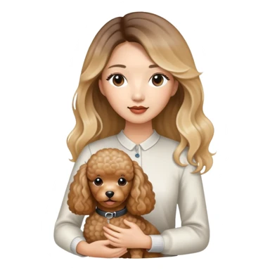 a asian lady with long balayage hair with blonde highlight, holding a brown poodle sticker