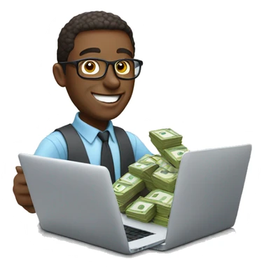 cheerful man with money working on a macbook sticker