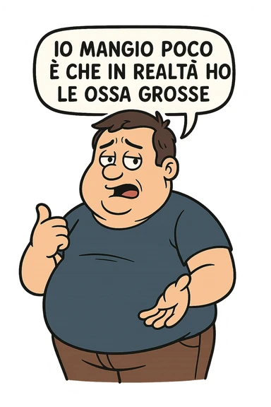uomo che dice "Io mangio poco è che in realtà ho le ossa grosse" , trovando scuse per il suo peso corporeo sticker