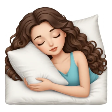 beautiful brunette with a light balayage white girl with nice curls/defined waves, very long hair, clean girl makeup SLEEPING ON A PILLOW sticker