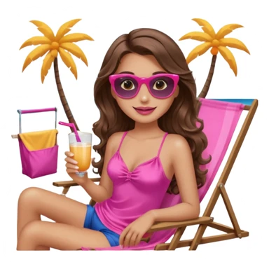 girl with long wavy brown hair, brown eyes, long lashes makeup, sexy pink lips, smiling, light to medium complexion, wearing a pink sexy silk top, relaxing in a beach chair  sticker