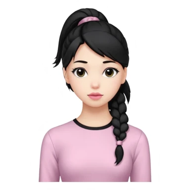 a woman with long sleeve dress top, her hair is long black pony tail, her face is soft girl style, her eyes color are black and the color of her lip is soft pink sticker