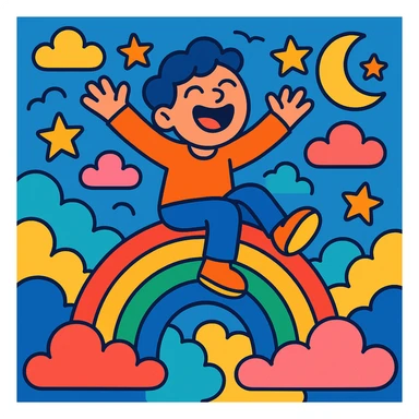 dream life as a colorful, whimsical scene with clouds, stars, and a happy character, in vibrant toon style sticker