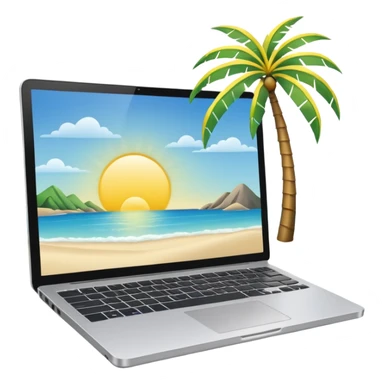 A minimalist emoji-style icon representing workation: An open laptop in the foreground on the beach. Background shows sea, sun, and a palm tree. No people, no text, clean and simple design like an emoji. sticker