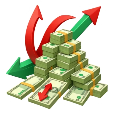 a pile of money infront of strategy paper with red arrow up sticker