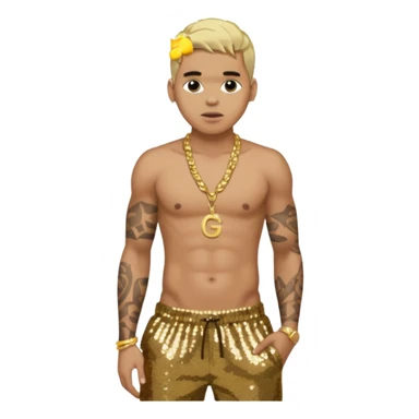Chris Brown with blonde hair, dark brown sequin baggy pants, shirtless with necklace sticker