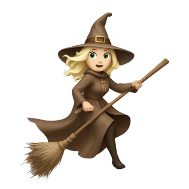 Blonde white witch in brown dress flying on broom sticker
