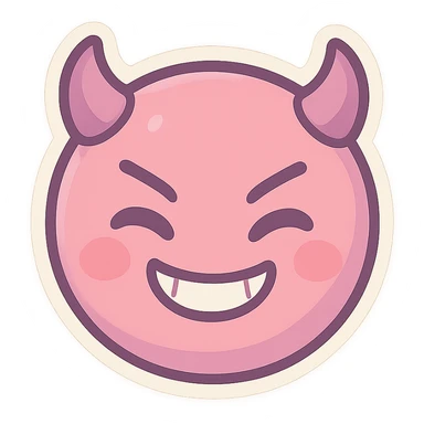 devil emoji, chibi style, pastel palette, pink and purple, small horns, mischievous grin sticker
