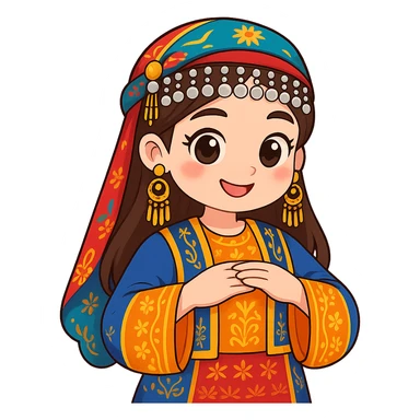 Convert the photo to a Kurdish cartoon sticker style with clear lines and bright colors. Keep the traditional Kurdish dress details intact. No text. Transparent background. sticker