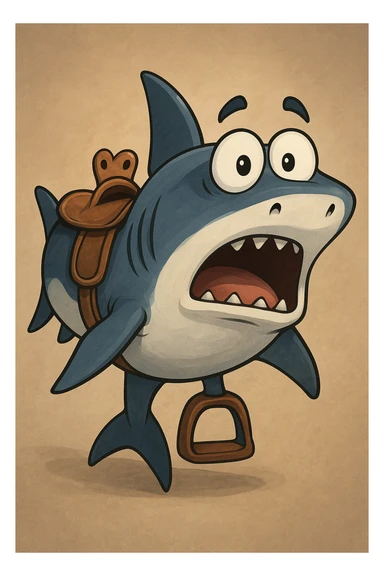 Удивленная акула, на которой седло удивленно смотрит на зрителя sticker