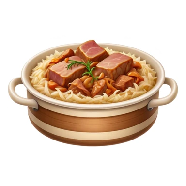 Cinematic Realistic Bigos Dish Emoji, showcasing a hearty stew of sauerkraut and meats rendered with rich textures and dynamic, rustic lighting. sticker