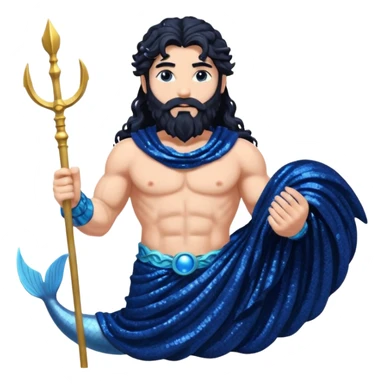 Neptune, God of Sea from Roman Deities with long jet black wavy hair and beard, dark blue sequin toga sticker