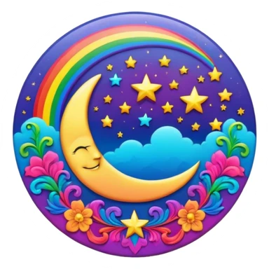 A round psychedelic colored button with a rainbow colored damask style moon and stars in the center sticker