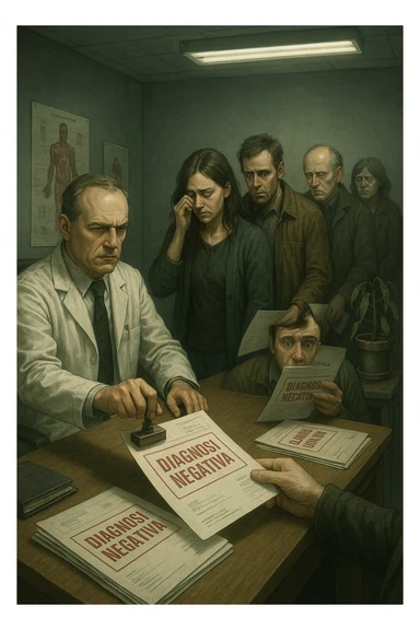 A realistic, cinematic illustration set in a dull, grey-toned medical office. A middle-aged male doctor in a white coat with a stern, cold expression is seated at his desk, handing out medical reports with large red ‘Negative Diagnosis’ stamps to each patient in line. The patients, of various ages and appearances, stand in a line, each looking increasingly sad, defeated, and demoralized as they receive their papers, with slumped shoulders and empty gazes. One young woman wipes away a tear, while a man stares at the paper in shock. The background shows medical posters, a faded plant, and harsh fluorescent lighting, emphasizing the cold, mechanical environment. The mood is heavy, illustrating how negative diagnoses delivered without empatia can deeply affect the mental health and morale of patients. The style is realistic, with subtle filmic grain, emphasizing emotional impact and the weight of medical words on people’s lives. in italiano sticker