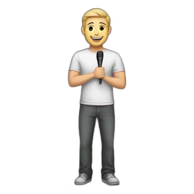 white light skin man person standing in a theater with red curtains standing on elevated stage holding a microphone smiling with light hair sticker