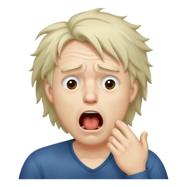Weak man with disheveled hair, large dark circles under his eyes, and yawning sticker