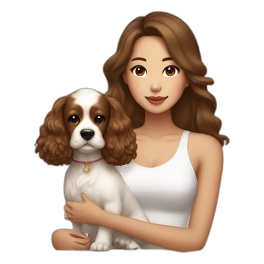 korean woman with long dark brown hair in a white singlet sits with caramel cocker spaniel sticker