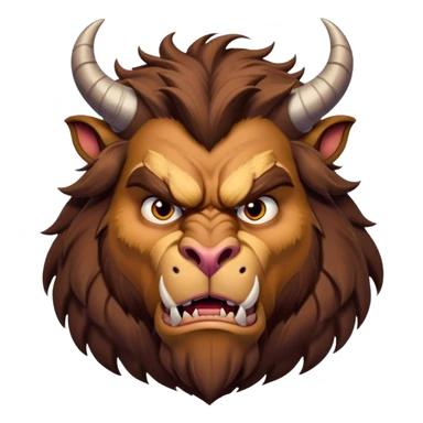 Beast from Beauty and the Beast with human mouth but angry expression, furrowed brow, still with horns and fur sticker